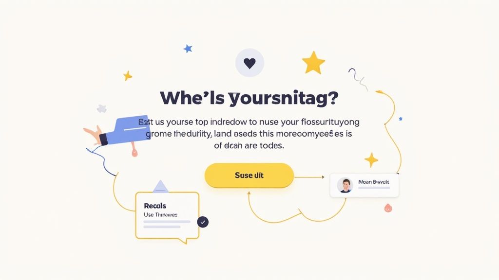 A close-up of a person's hands typing on a laptop keyboard, with copywriting notes visible on sticky notes around the screen.