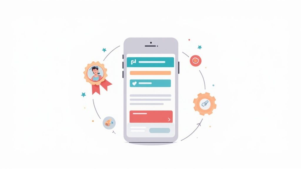 A designer looking at a landing page on both a desktop and a mobile device, emphasizing a mobile-first approach.