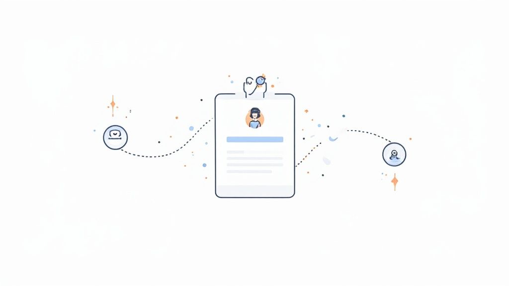 A person at a desk sketching out a landing page design plan on paper, with sticky notes and a laptop nearby.