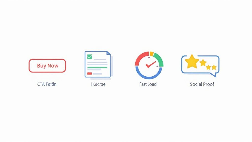 A hand holding a magnifying glass over a website interface, focusing on a call-to-action button, symbolizing the process of conversion rate optimization.
