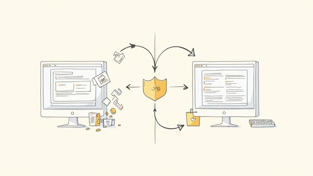 Illustration showing the complex process of a website redesign, with arrows indicating content migration, SEO preservation, and data transfer.