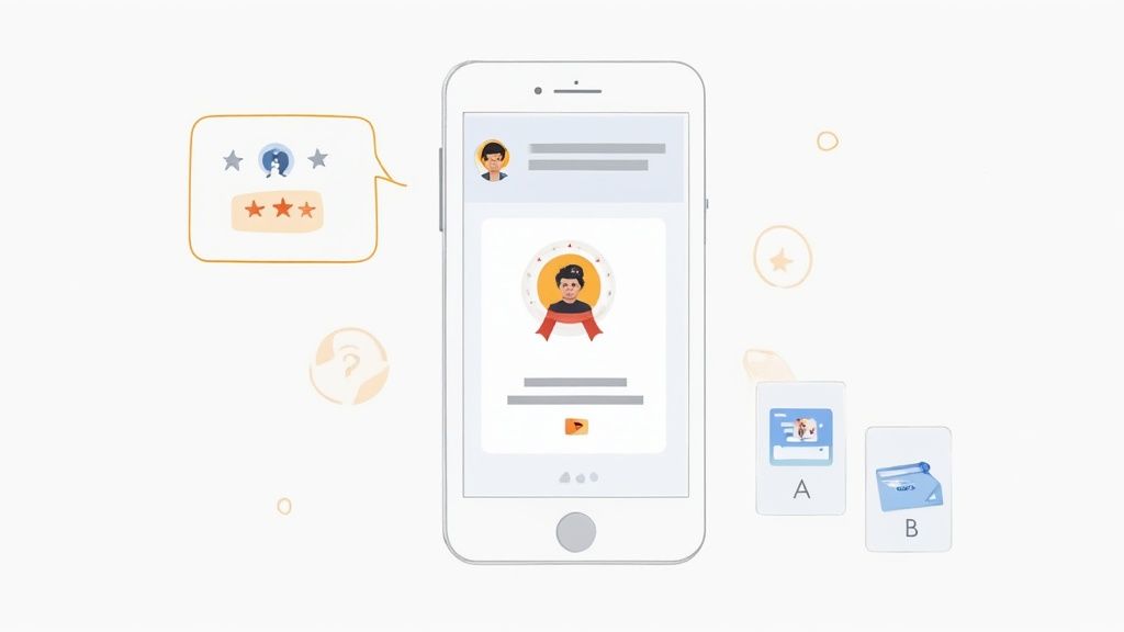 A split-screen showing a mobile landing page before and after A/B testing, with the 'after' version showing higher conversion rate metrics.