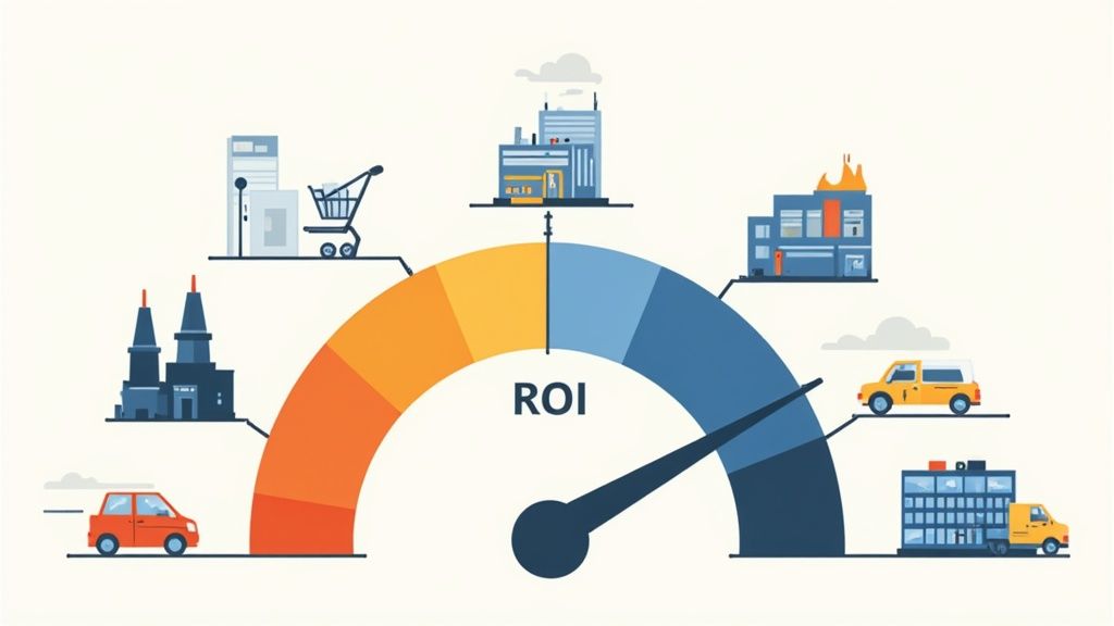A business professional analyzing marketing ROI charts on a computer screen.
