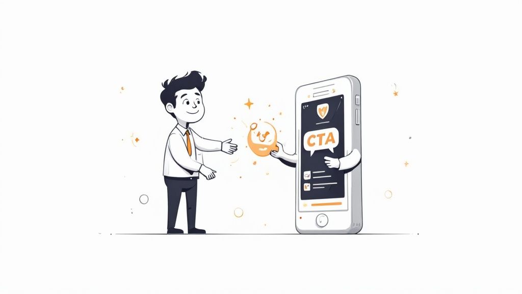 A person holding a smartphone showing a well-designed mobile landing page with clean graphics and a clear call-to-action button.