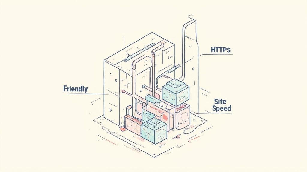 Illustration of a person writing content that connects keywords, user intent, and conversions.