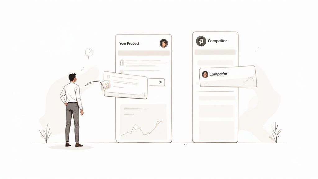 Magnifying glass over a chart, symbolizing research and competitive intelligence