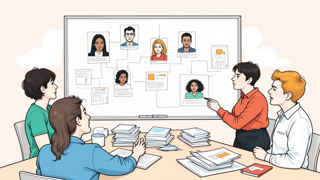 A team collaborating in a modern office, pointing at a whiteboard covered with charts and persona profiles, demonstrating the application of buyer personas in business strategy.