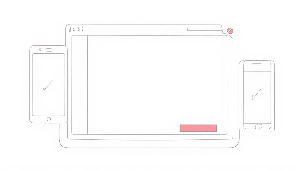 A person pointing at a laptop screen with design elements floating around it