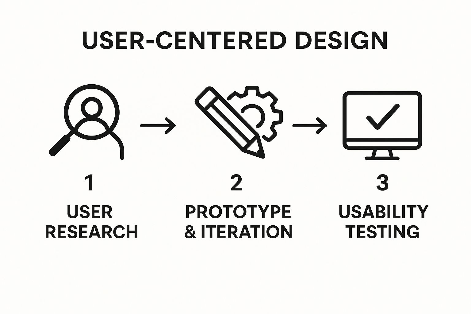 Infographic showing the three key steps of the User-Centered Design process: User Research, Prototype & Iteration, and Usability Testing, with directional arrows indicating a cyclical flow.