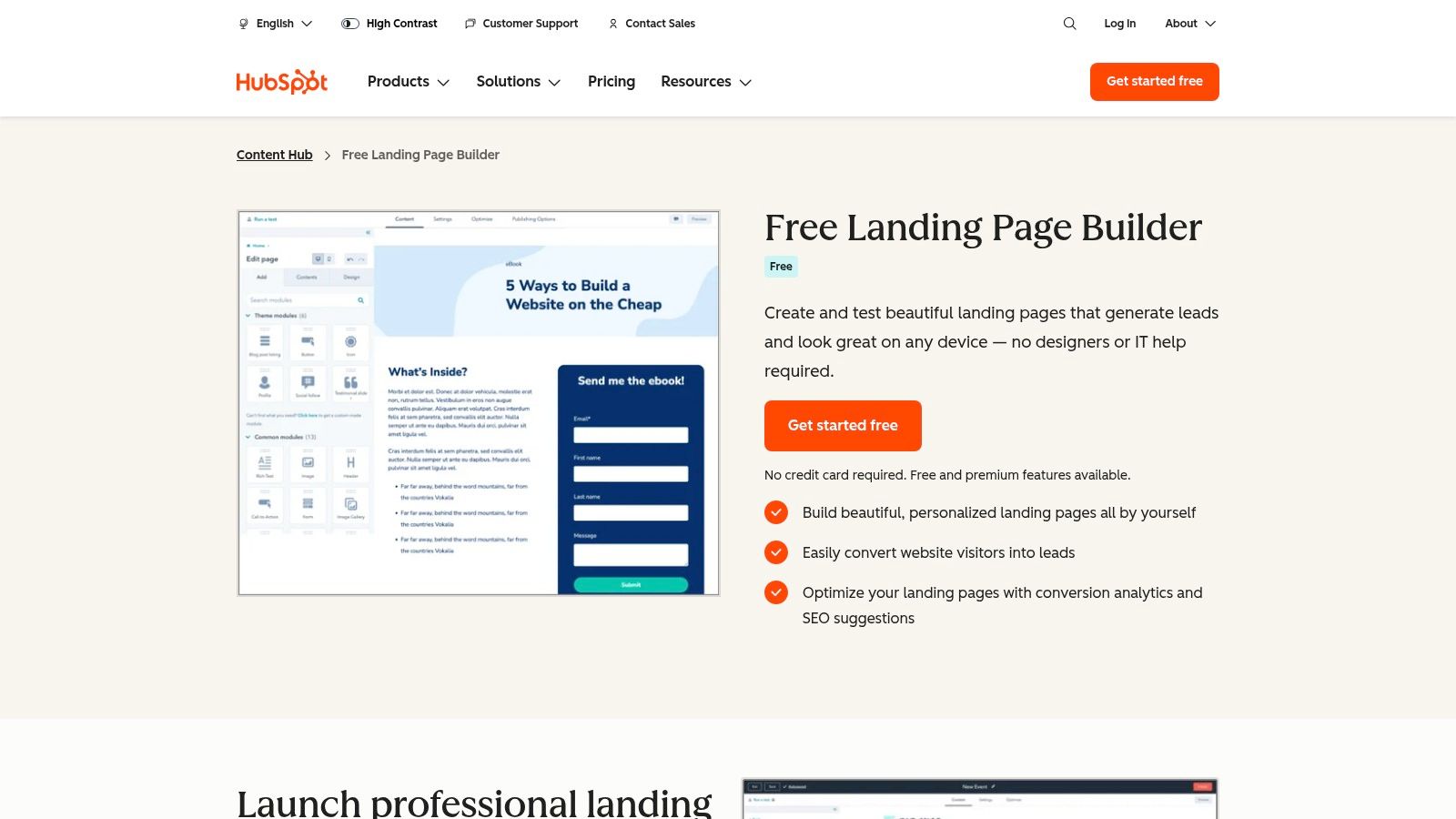 The HubSpot landing page builder interface showing templates and editing options