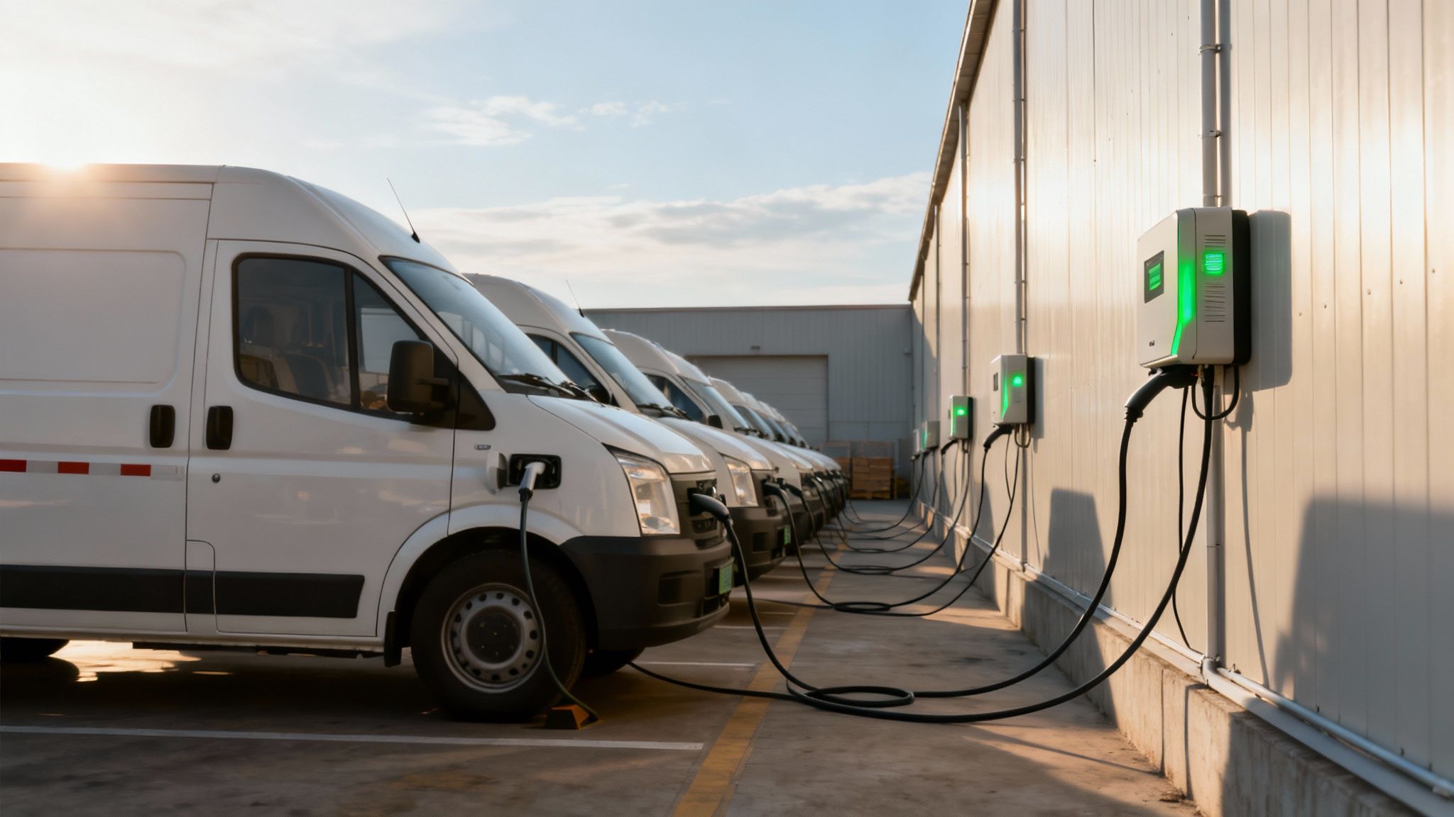 Line of white electric delivery vans charging at wall-mounted stations under a sunny sky.