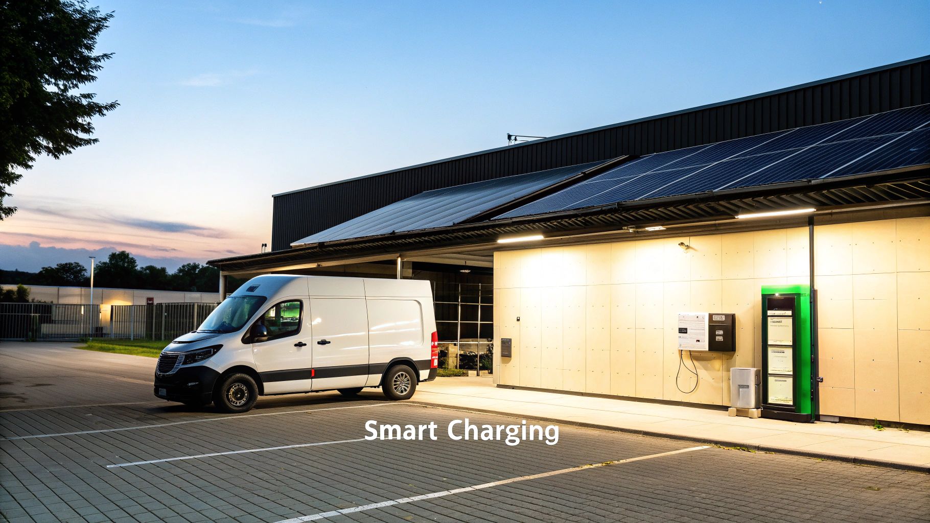 White electric van charging at a modern station with solar panels on a building at dusk.