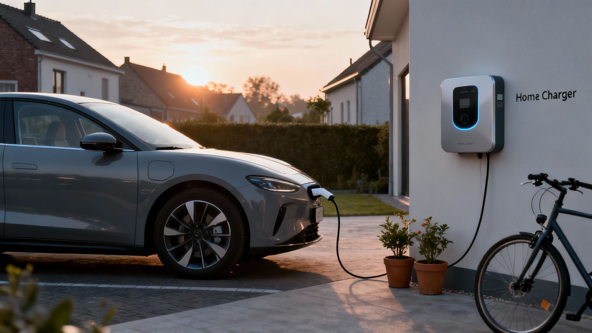 Electric car charging at a home wall charger during sunset, with a bicycle parked nearby.