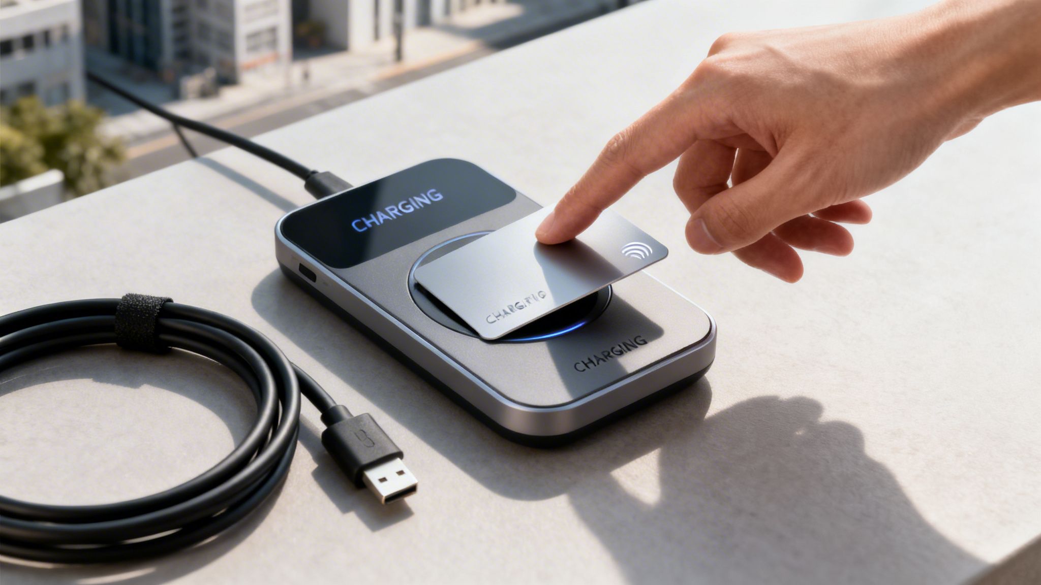 A person's hand places a silver contactless charging card on a gray electric vehicle charging device, with a USB cable nearby.
