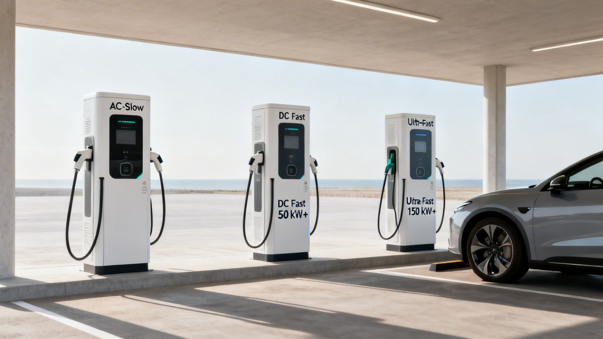 Three EV charging stations (AC-Slow, DC Fast, Ultra-Fast) and a silver electric car at a sunny outdoor station.