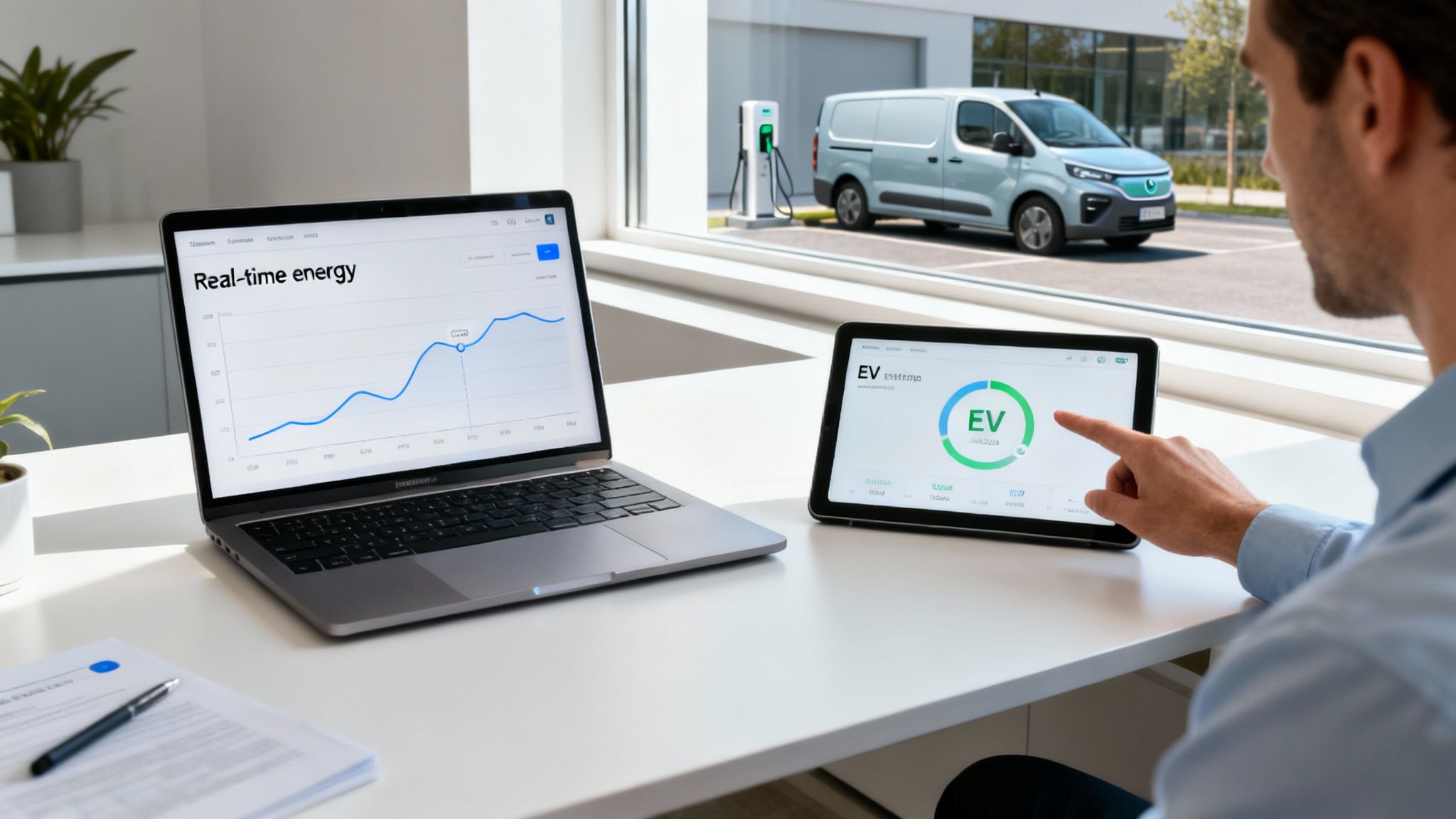 A person monitors an electric van charging and real-time energy data on a laptop and tablet.