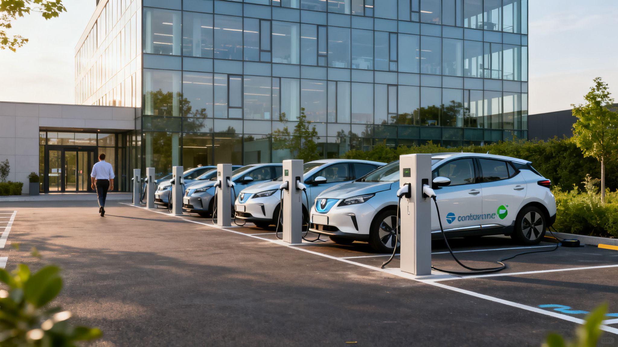 Man walks past a row of electric cars charging in front of a modern office building.
