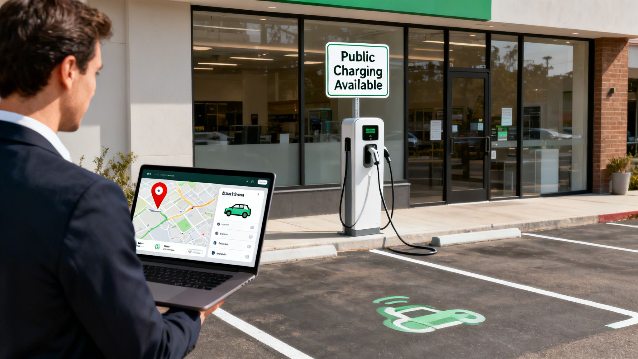 Man using laptop to find a public EV charging station outside a store.