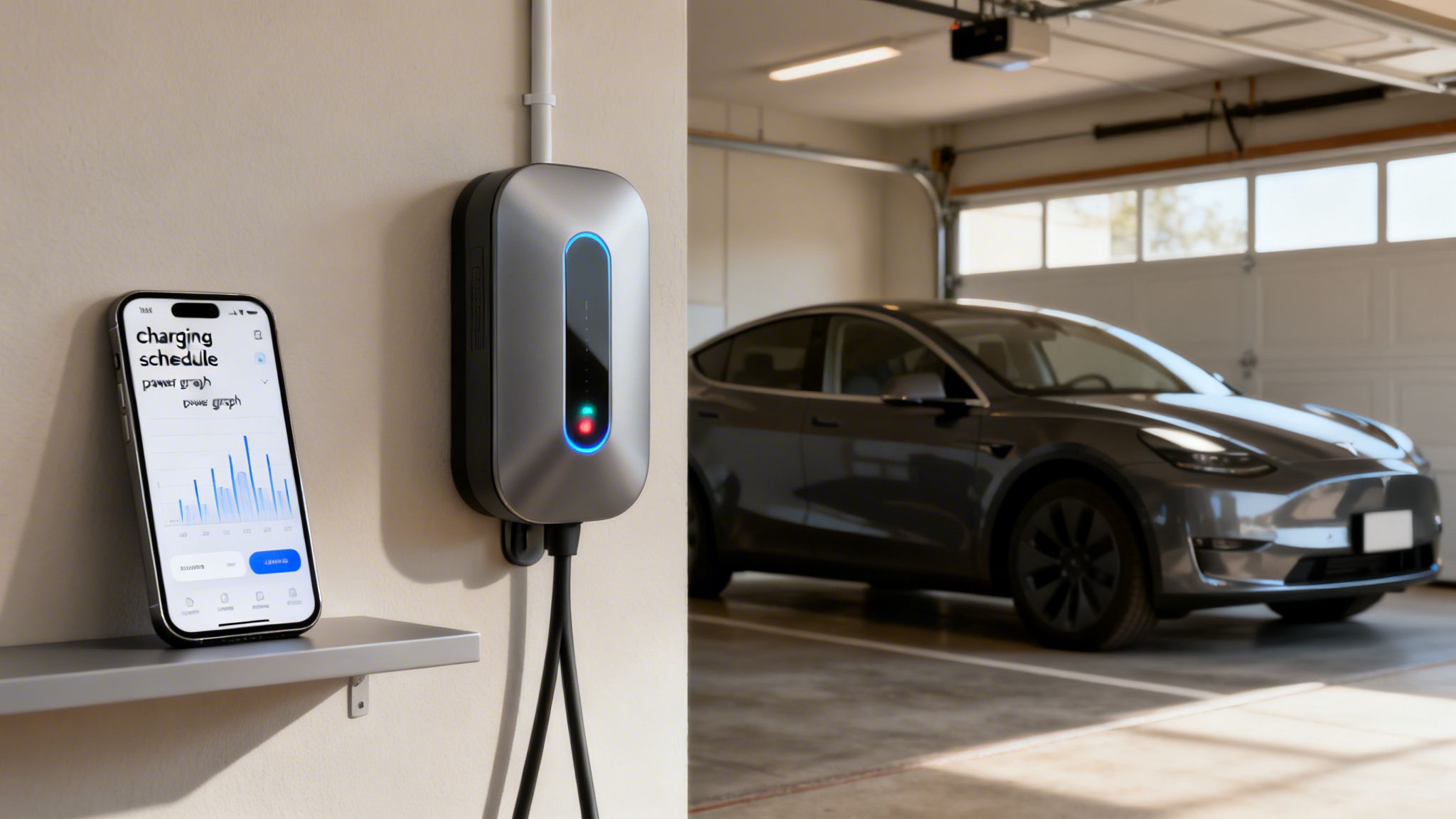 A grey Tesla Model Y charging in a garage, next to a smart EV charger and a smartphone displaying a charging schedule.