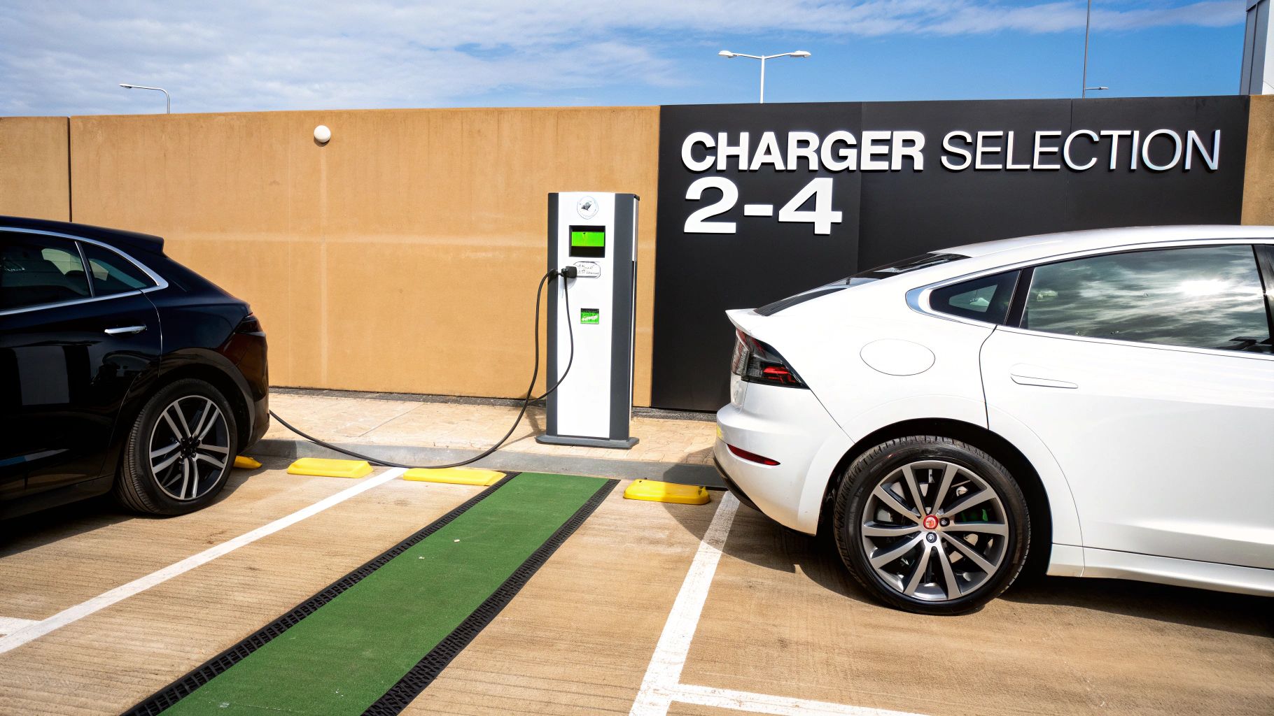 Two electric cars charging at a station with a sign 'CHARGER SELECTION 2-4' under a blue sky.