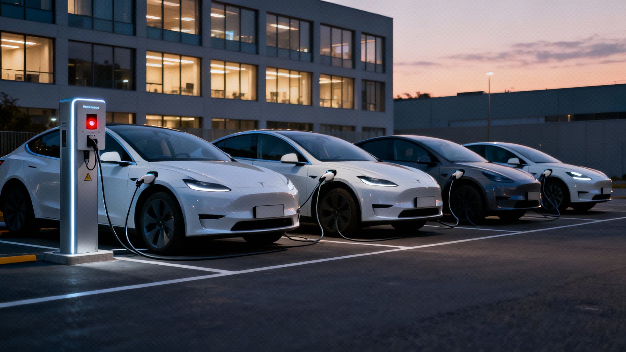 Four Tesla electric cars charging at a station in a parking lot at dusk.