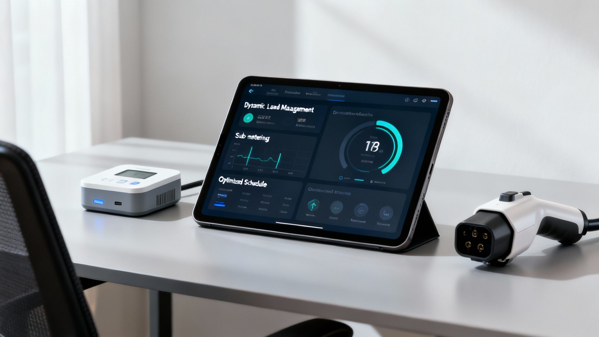 A tablet displaying an energy management dashboard, a smart meter, and an EV charger on a desk.