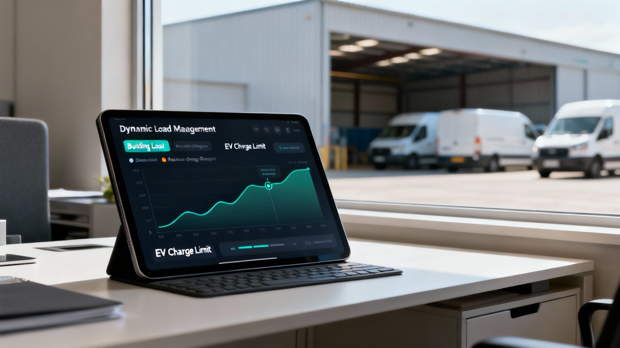A tablet displays a dynamic load management dashboard with building load and EV charge limit, overlooking parked vans.