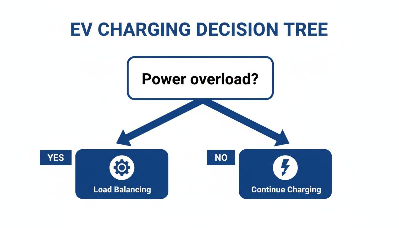 An EV charging decision tree diagram demonstrating choices for power overload management.