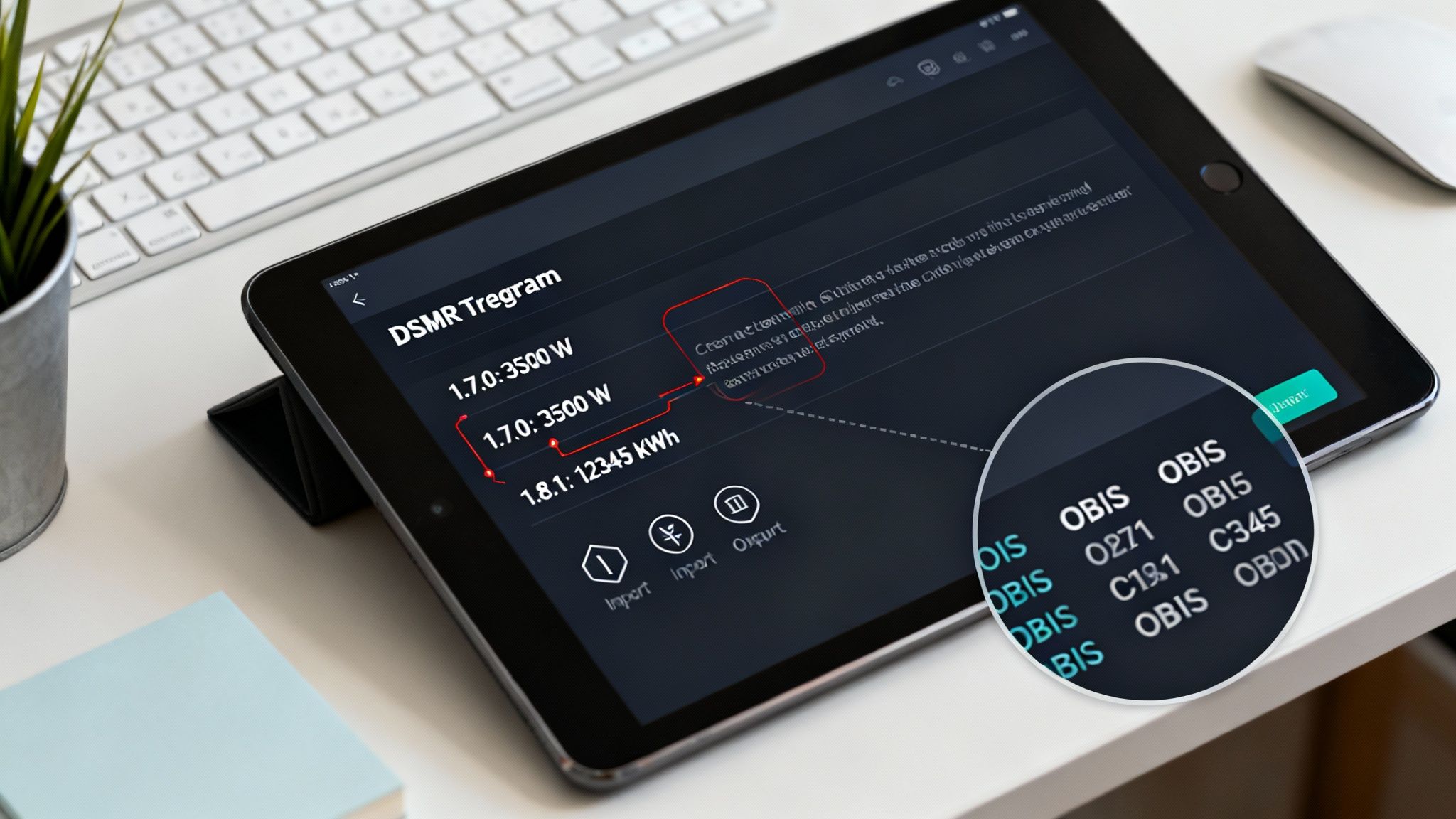 A tablet displaying smart meter data from a DSMR Tregram application with OBIS codes.