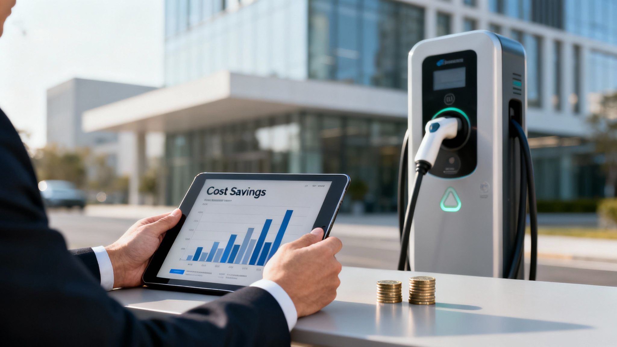 Businessman views cost savings on tablet next to EV charging station and coins, symbolizing financial benefits.