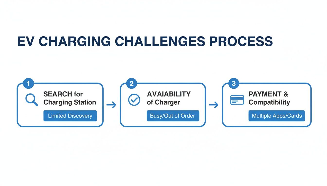 Flowchart illustrating electric vehicle charging challenges: searching, charger availability, and payment compatibility.