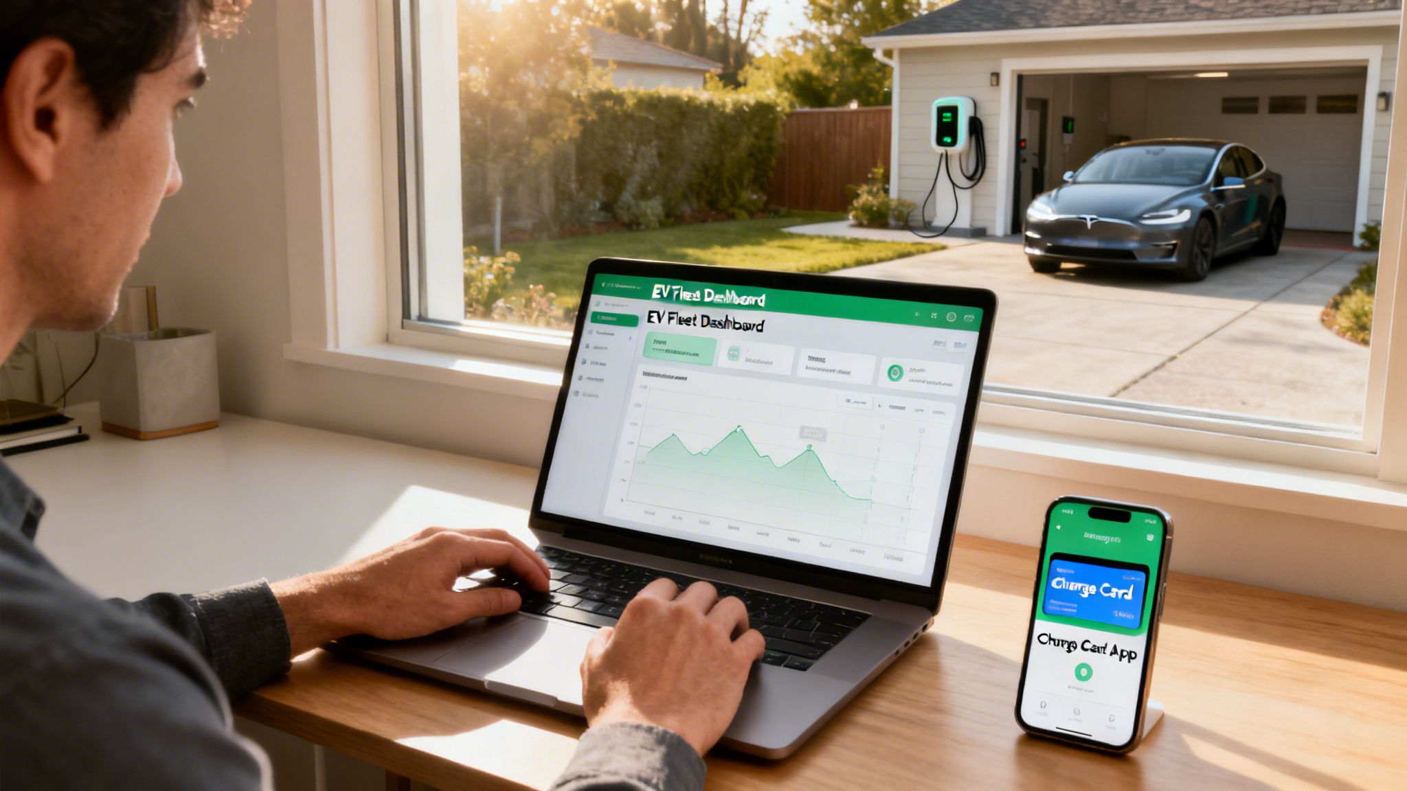 A person views an EV fleet dashboard on a laptop with a smartphone app while an electric car charges at home.