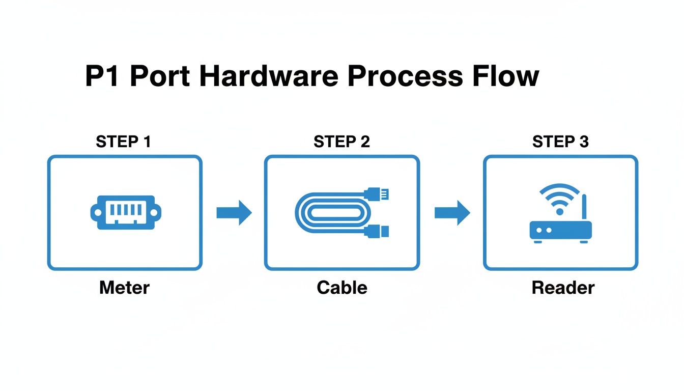 Flowchart illustrating the P1 port hardware process from a meter connecting via cable to a reader.