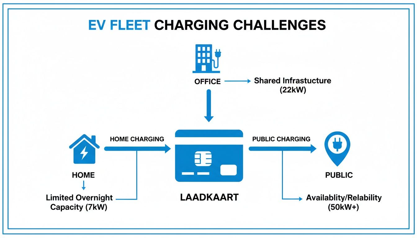 Diagram illustrating EV fleet charging challenges, including home, office, and public charging limitations with a Laadkaart.
