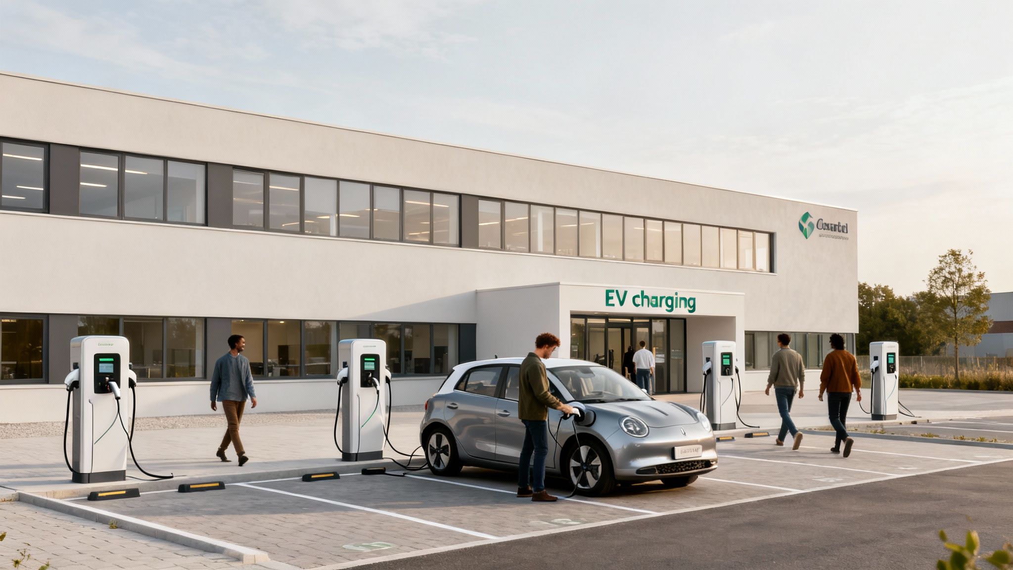 An electric car being charged at an EV station outside a commercial building with several people.