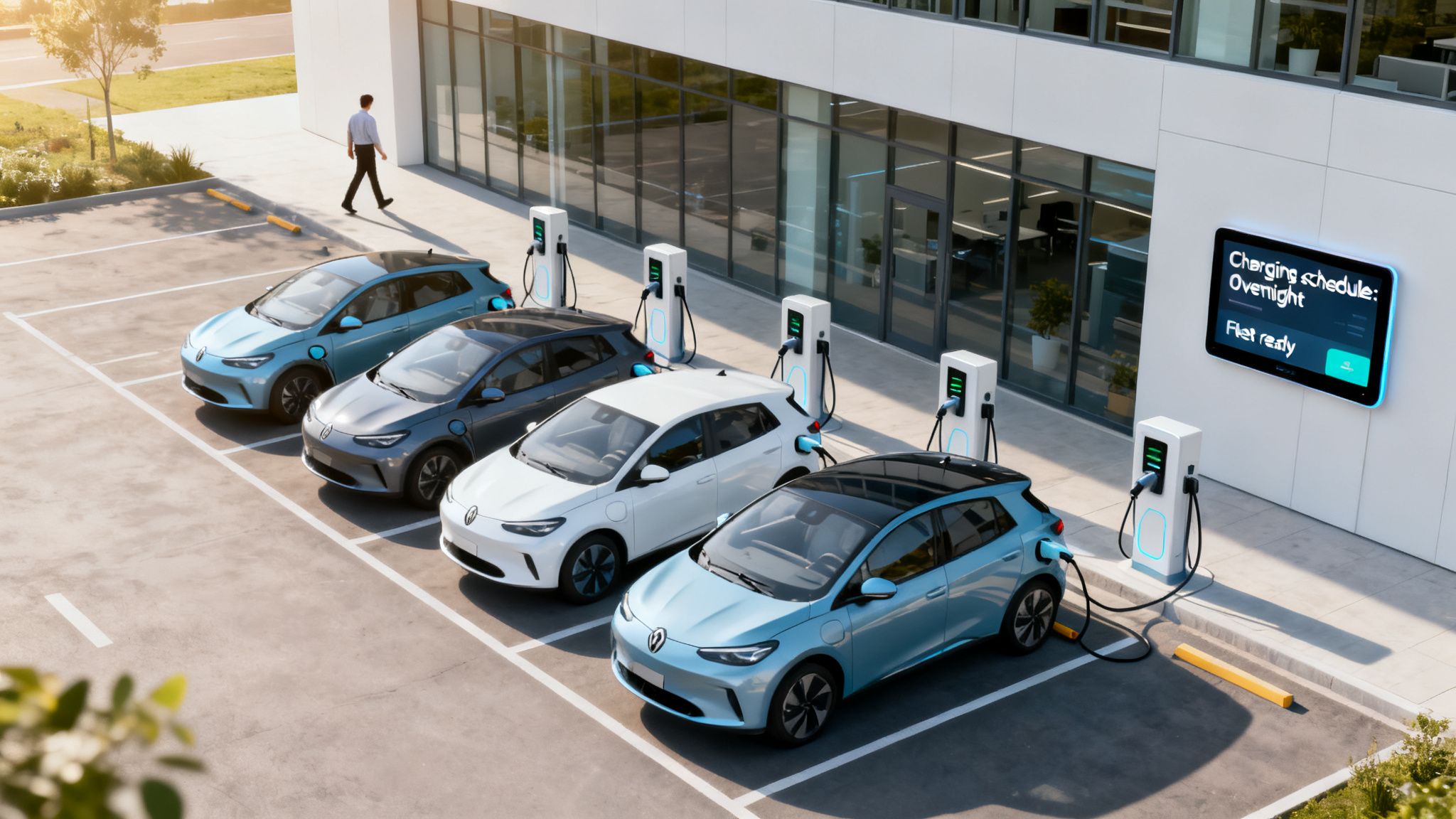 Five electric cars charging at dedicated stations outside a modern building, with a person walking by.