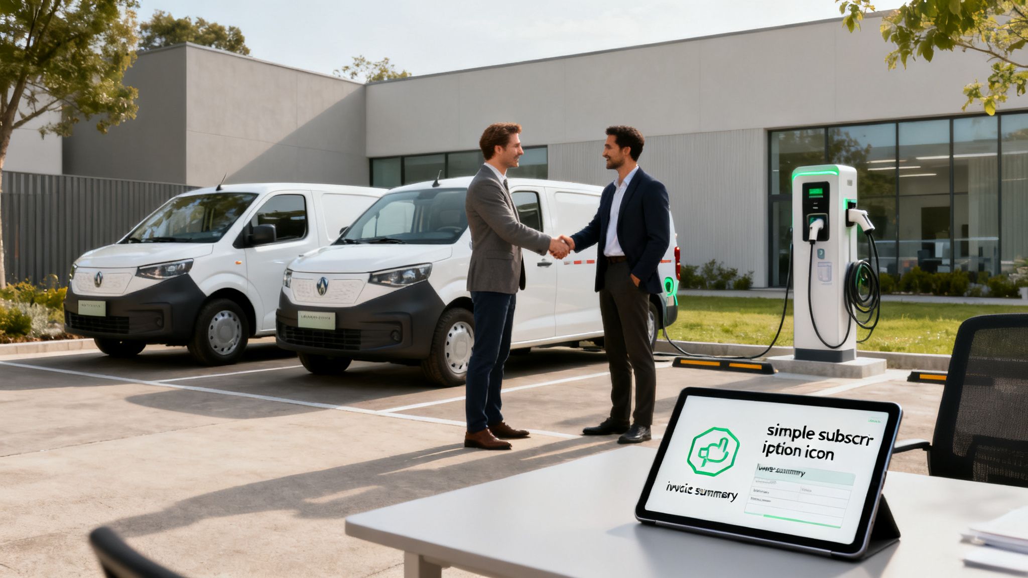 Two businessmen shake hands in front of electric delivery vans and a charging station, with a tablet showing subscription details.