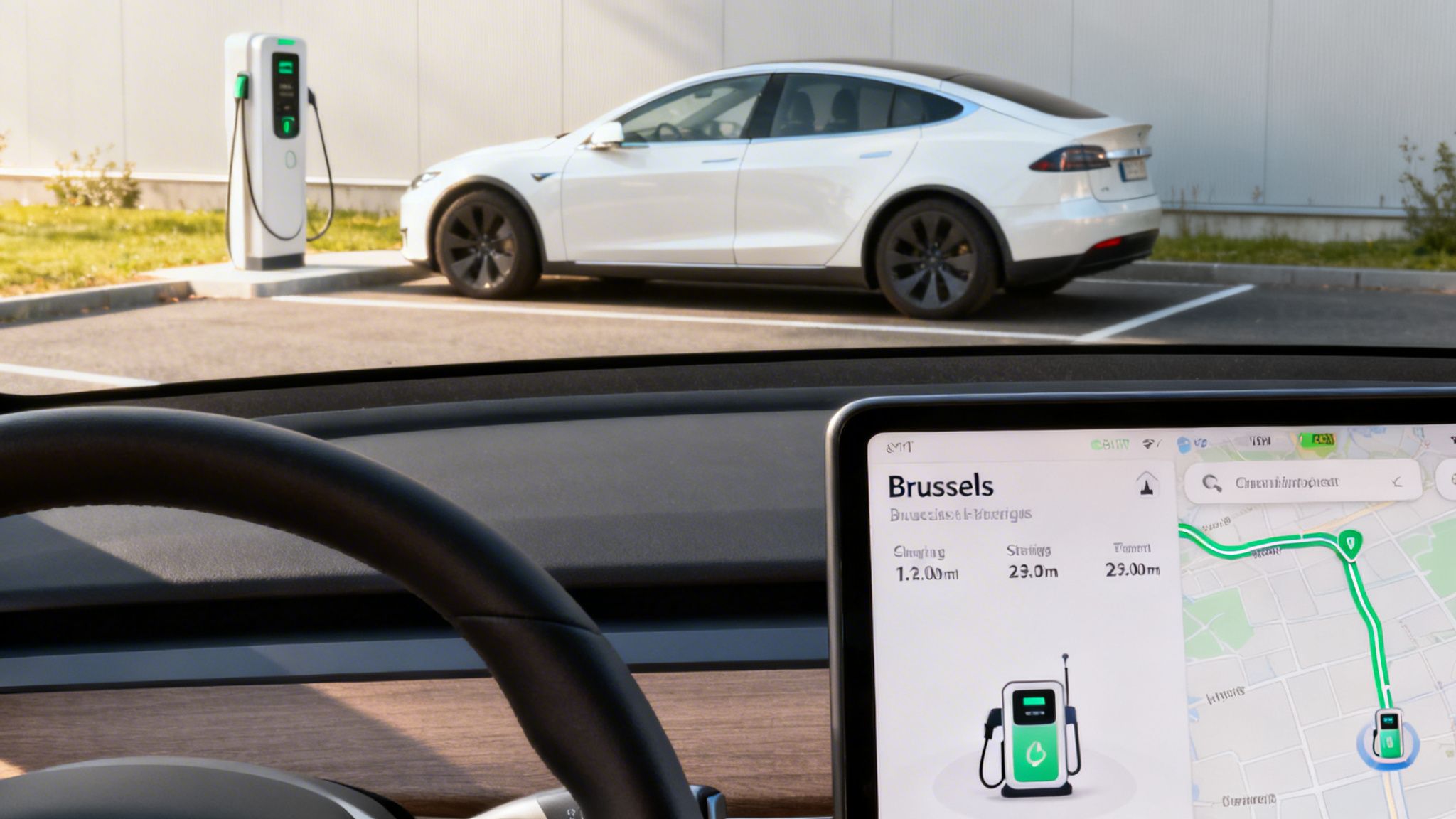 View from inside a car of a white Tesla charging at an EV station, with a navigation screen showing a charging route to Brussels.
