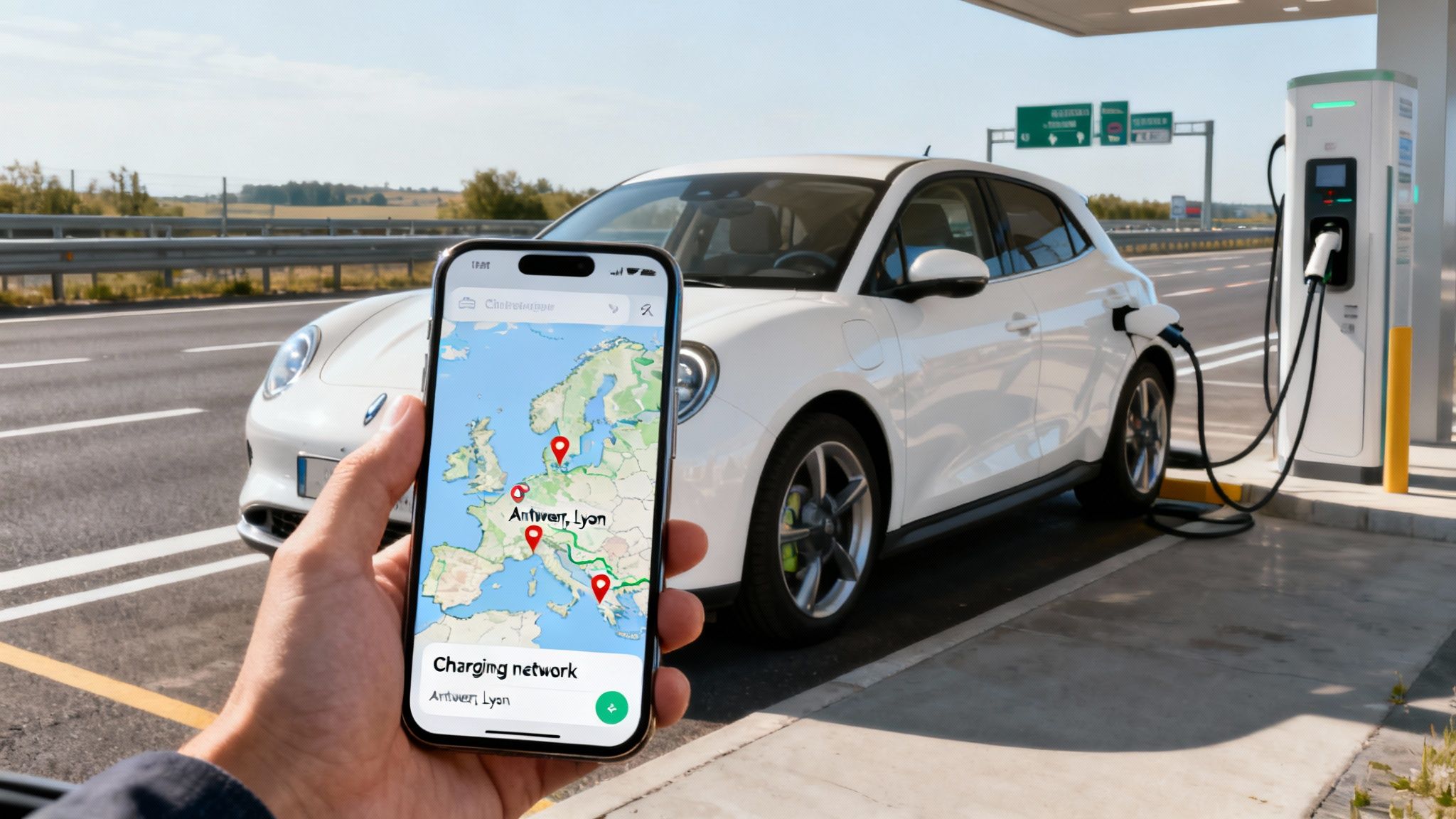 Hand holding phone showing EV charging route from Antwerp to Lyon, with a white electric car charging at a roadside station.