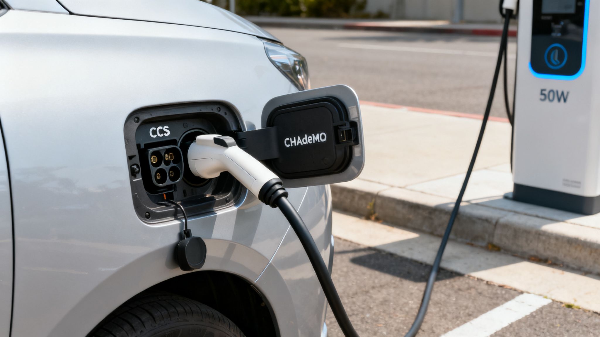 A silver electric vehicle is fast charging its battery at an outdoor station.