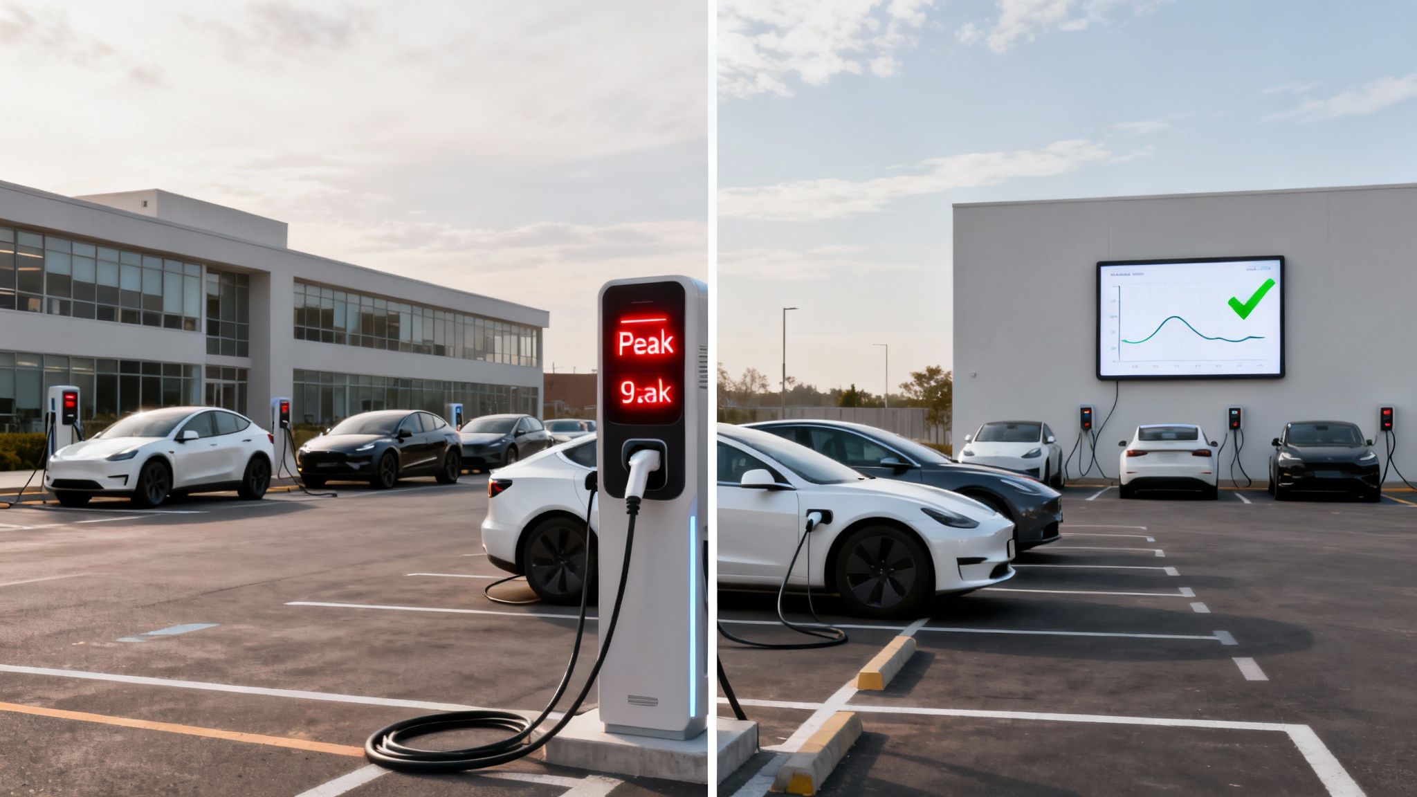 Electric cars charging at a modern office building, displaying peak usage and successful energy management.