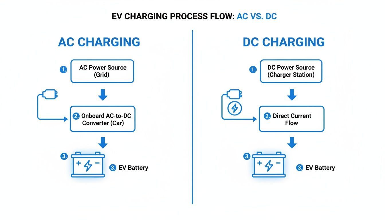 Flowchart illustrating the difference between AC and DC electric vehicle charging processes.