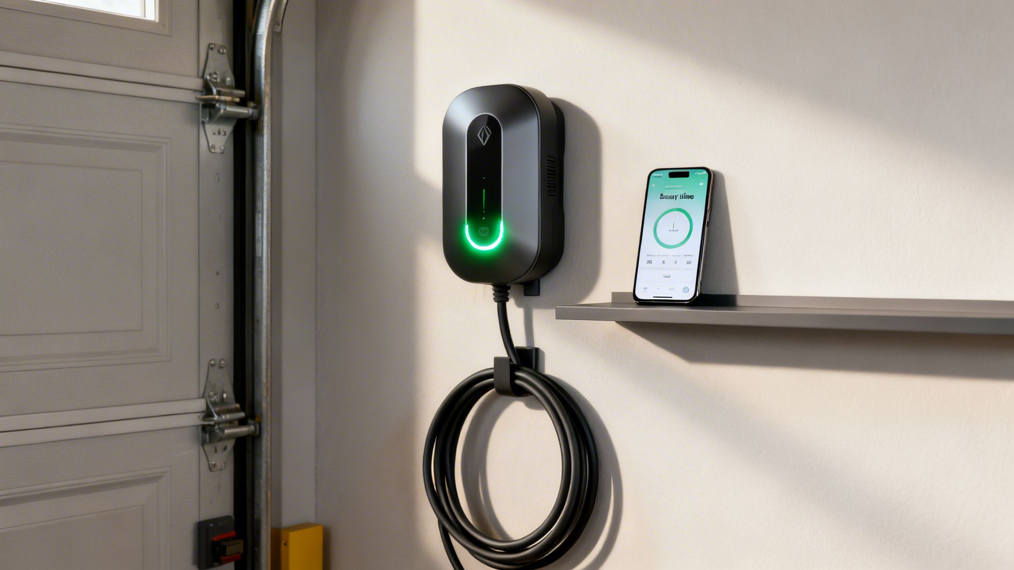 A sleek black EV charger with a glowing green light mounted on a garage wall next to a smartphone showing a charging app.