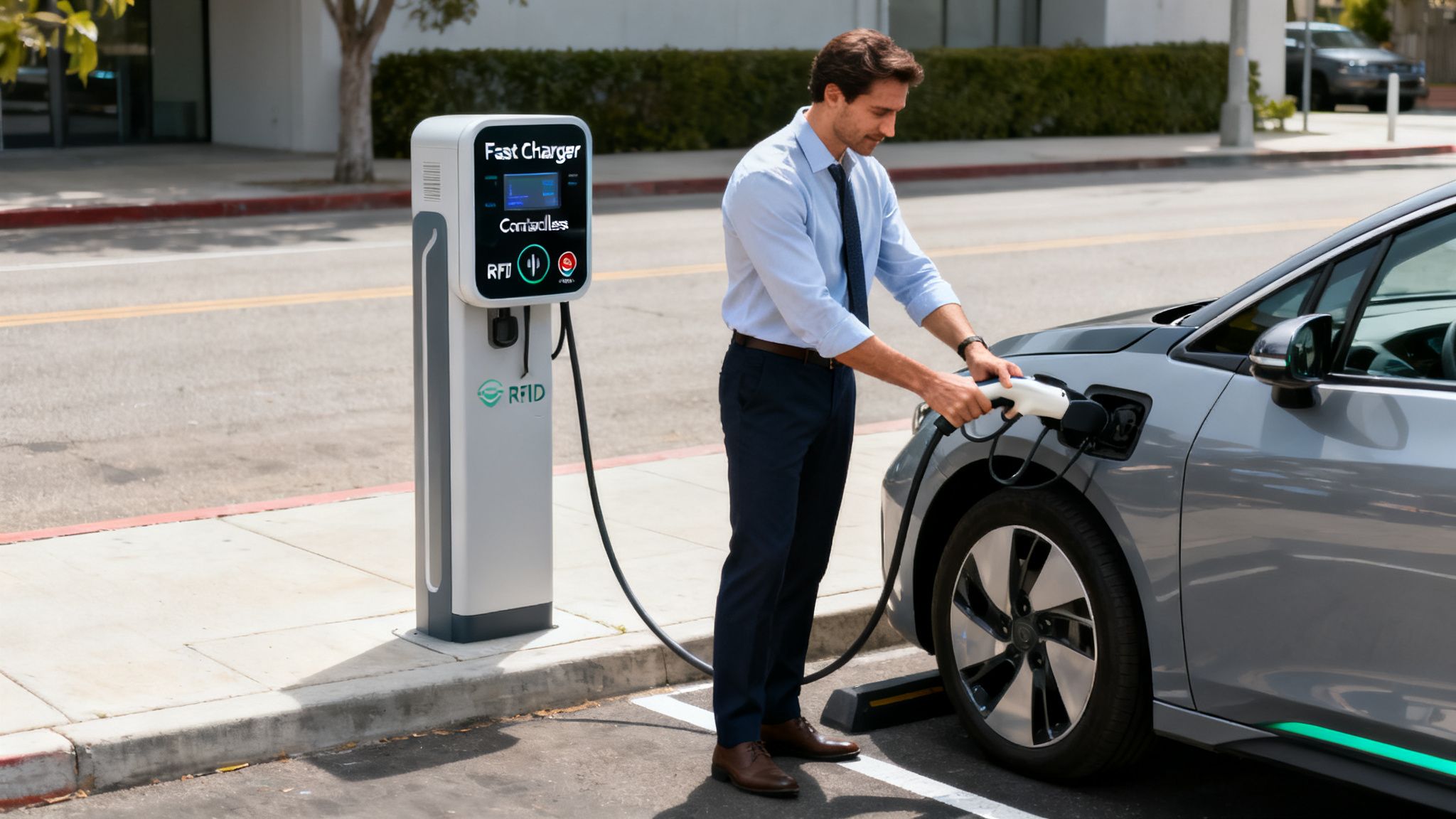 A man in a shirt and tie plugs his gray electric vehicle into a fast charging station.