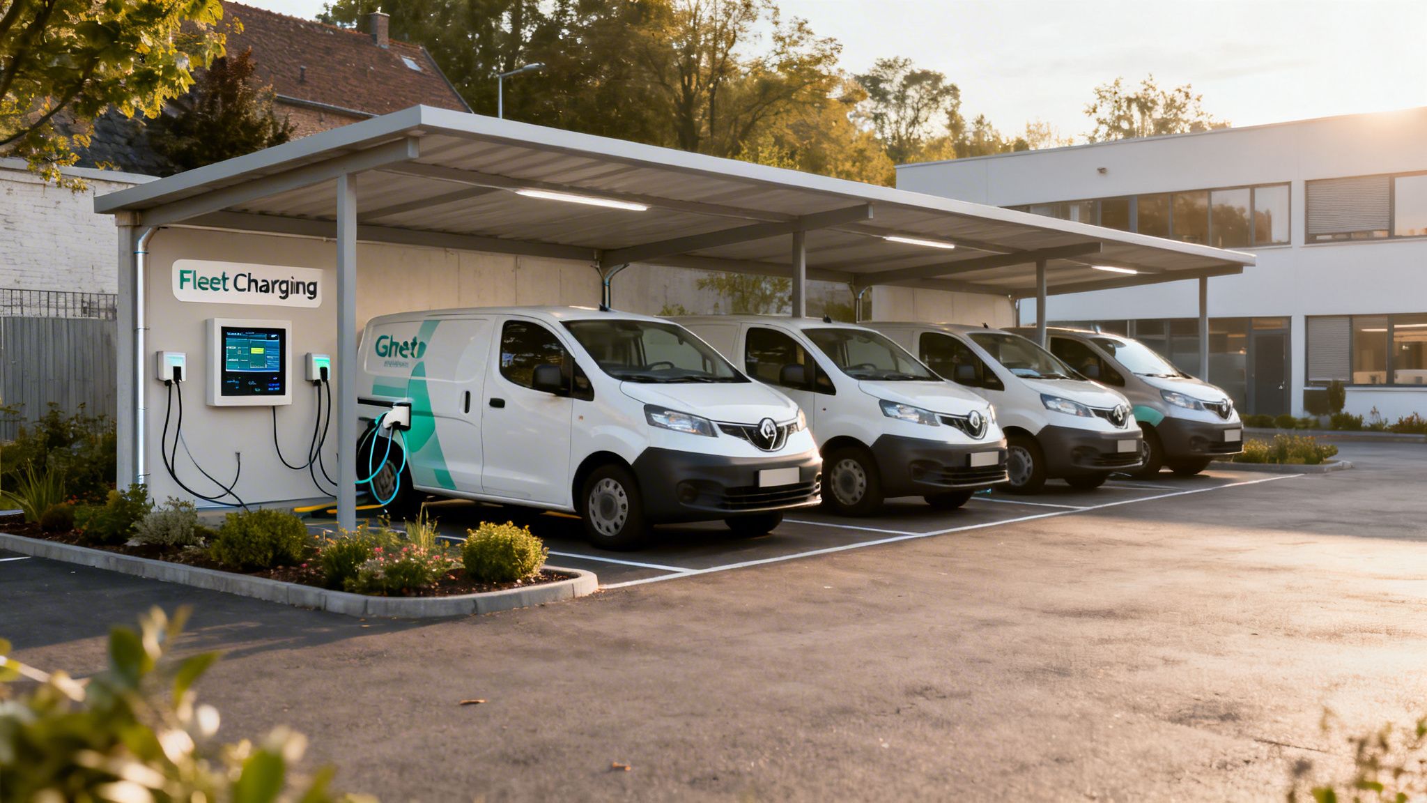 White electric vans charging at a dedicated 'Fleet Charging' station under a covered canopy.