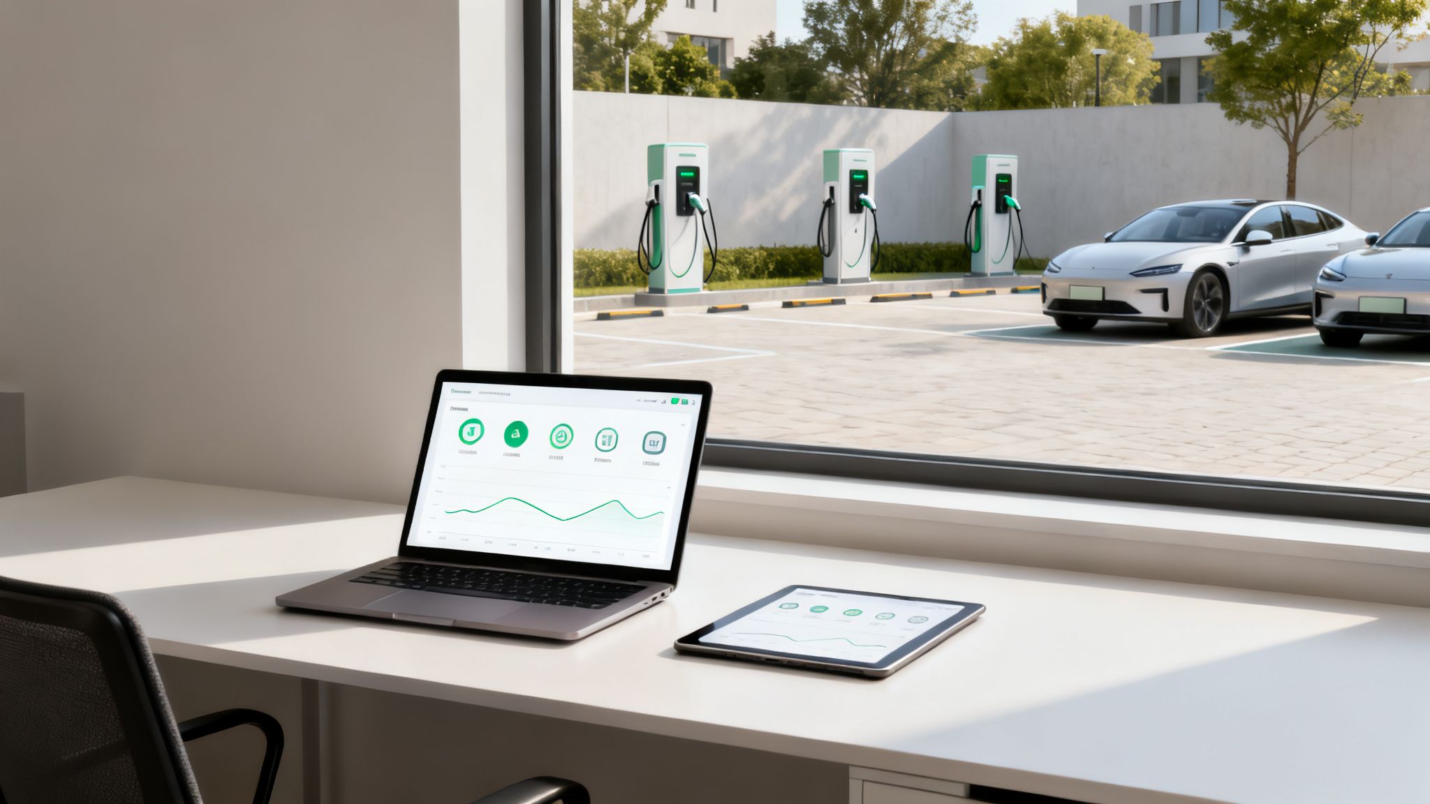 Een laptop en tablet op een bureau, met uitzicht op een laadstation voor elektrische auto's met twee elektrische voertuigen.