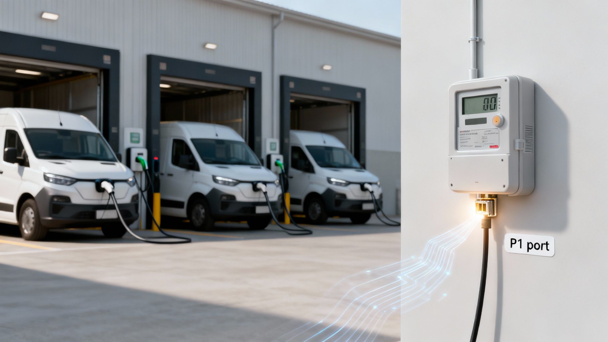 Electric vans charging at a depot, with a P1 smart meter showing data flow on the wall.