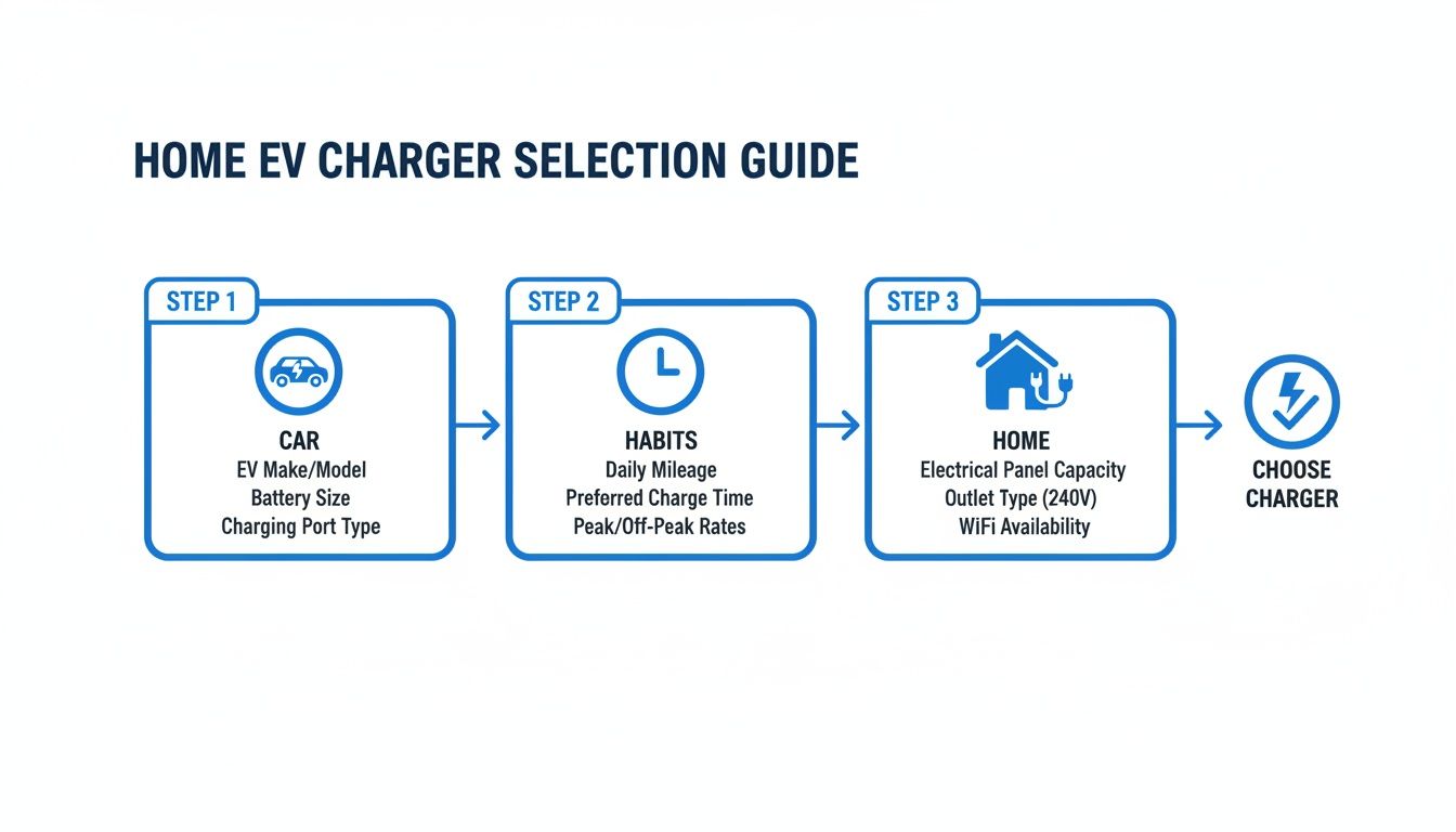 Infographic showing a home EV charger selection guide in three steps: car, habits, and home.