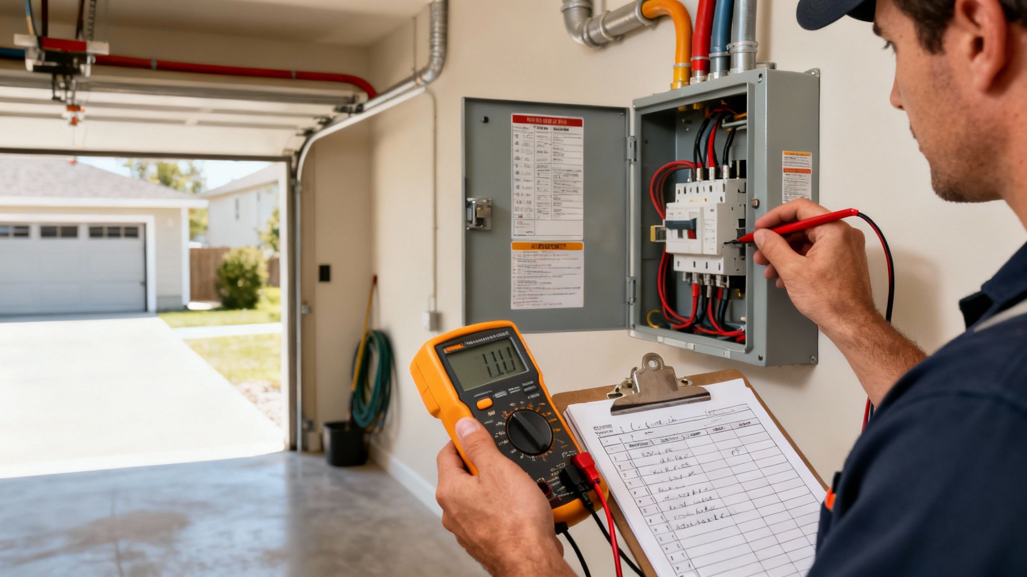 An electrician uses a multimeter to check the electrical panel in a home garage, taking notes on a clipboard.
