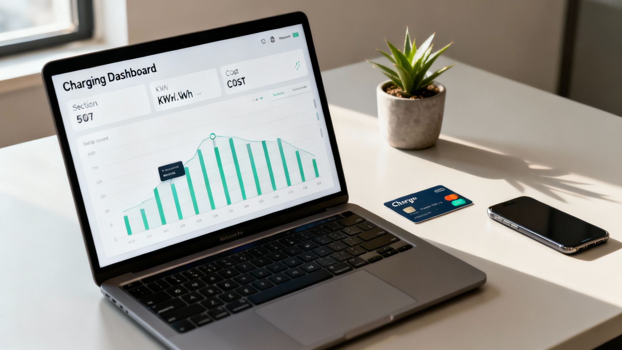 A laptop showing an electric vehicle charging dashboard with graphs, a charging card, and a smartphone.
